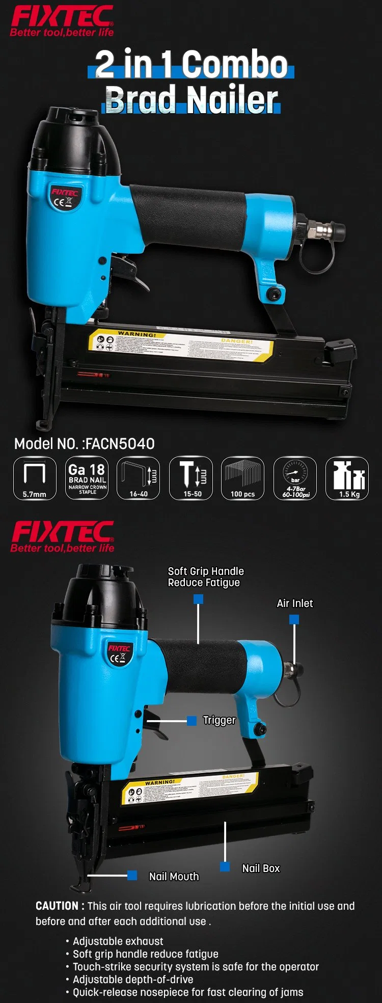 Fixtec Air Tools 2 in 1 Combo Concrete Brad Nailer Gun Kit Machine